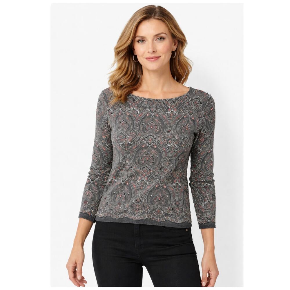 Oscar de la Renta Vintage Y2K Beaded Merino Wool Sweater Gray Paisley Size PM
